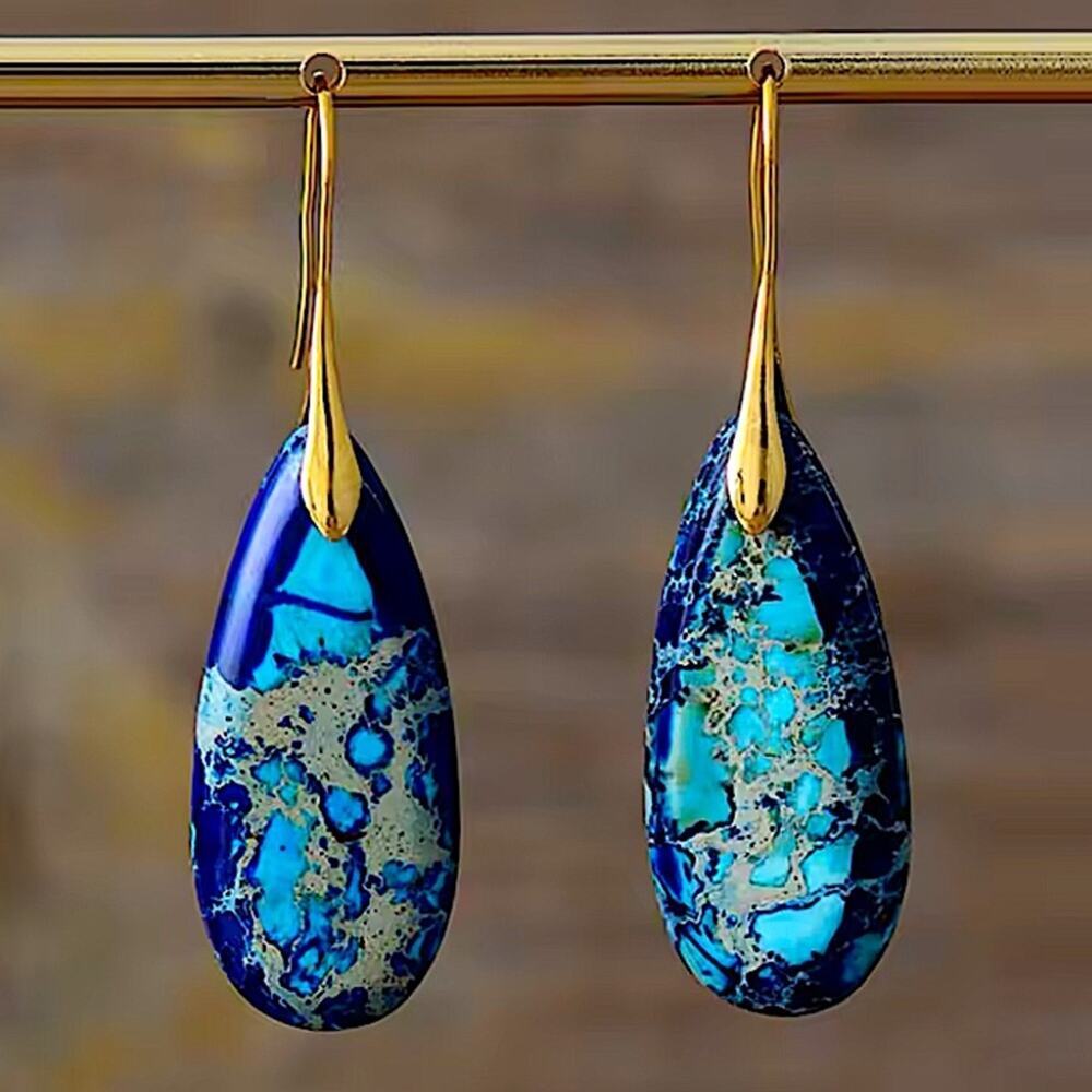 Imperial Jasper Stone Earrings Blue Gold